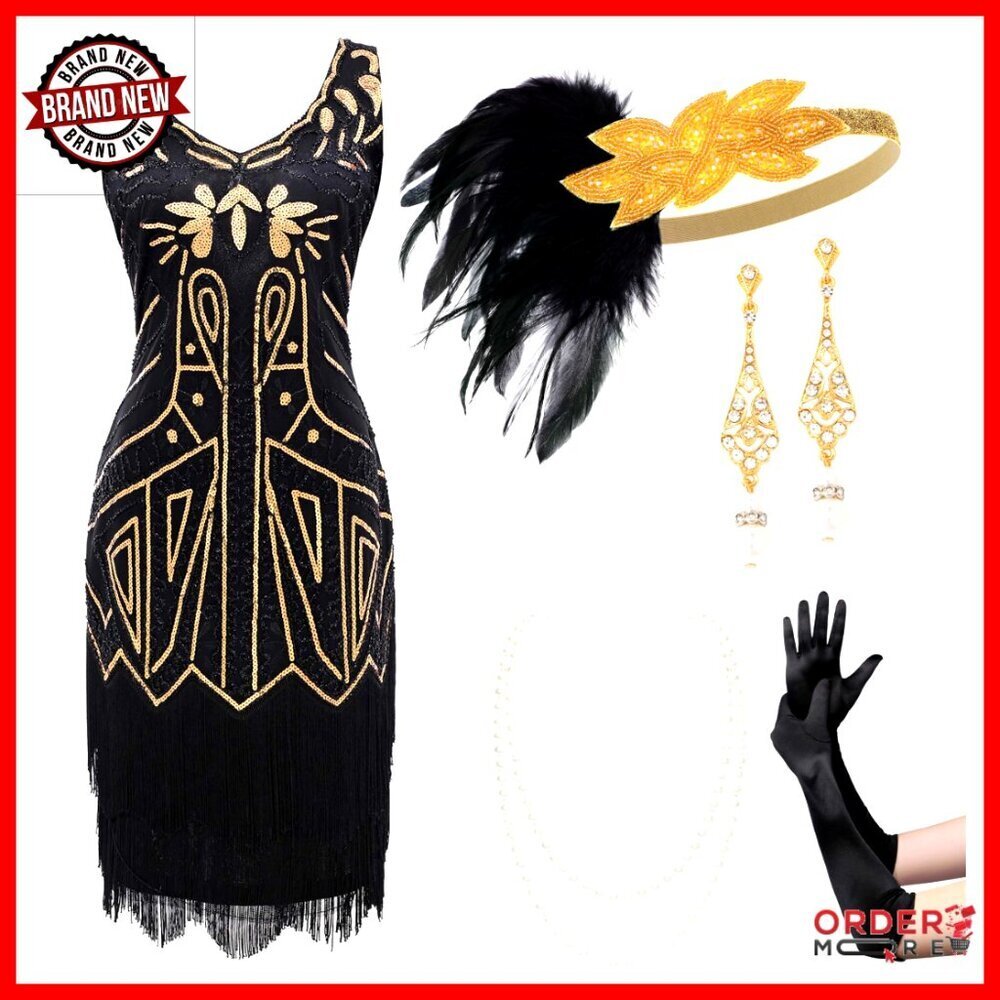 Flapper Dress Set with Accessories, Beaded Fringe, 1920s Gatsby Party